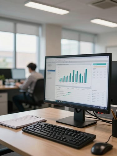 Environmental shot looking across a mid-size company open-plan office in natural window light, a monitor in the foreground showing a data dashboard with charts and metrics, a notepad with handwritten notes beside the keyboard, soft office fluorescent overhead, the desk and screen in sharp focus while the background workspace recedes gently