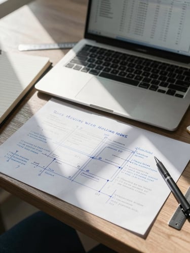 Close overhead desk study showing a printed workflow diagram with handwritten annotations in blue pen, a laptop showing a data dashboard in the background, natural daylight from a nearby window casting soft shadows across the papers, organized workspace with a notebook and ruler visible
