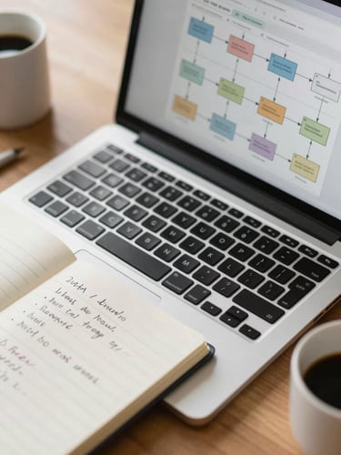 Close-up environmental shot of a desk in natural office light, a laptop screen displaying a workflow diagram with labeled process steps, a notepad with handwritten notes beside it, a coffee mug partially in frame, overhead angle showing the task in context