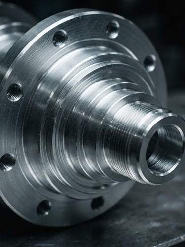 Macro photograph of a complex turned aluminum component with visible precise tool paths, cool metallic tones, high-contrast industrial lighting, 35mm