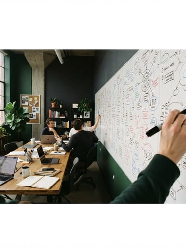 Wide panoramic view of a creative workspace, a large whiteboard filled with strategic diagrams and notes, soft natural window light, a hand holding a marker visible in the foreground, deep charcoal and forest green accents, 35mm