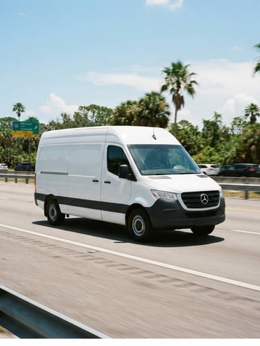 A sharp commercial 35mm photograph of a clean, modern white transport sprinter van driving along a bright Florida highway, high-contrast sun-drenched lighting, professional editorial style.
