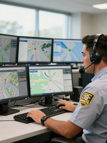 Medium shot of a professional dispatcher in a clean, brightly lit Altamonte Springs office, monitoring real-time GPS tracking interfaces on clean screens, bright natural daylight, sharp commercial photography, 35mm.