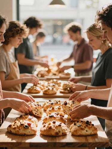 A warm environmental shot of a community table inside the bakery, neighbors sharing focaccia and talking, soft golden hour lighting, 35mm film look.