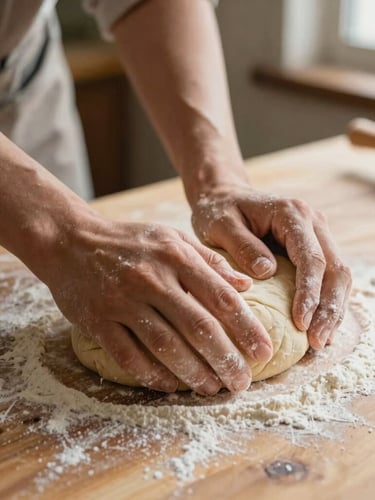 Hands covered in flour gently kneading soft dough on a rustic wooden worktable, warm morning light streaming through a window, shallow depth of field, tactile editorial look.