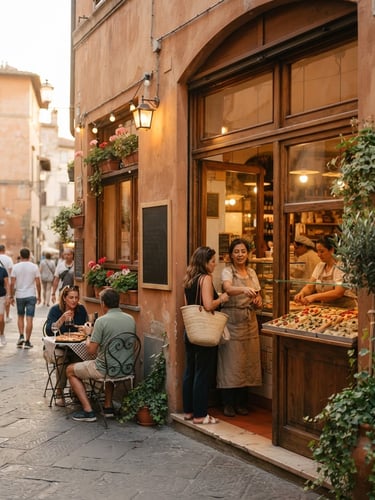 Warm editorial photography of the Focacceria Sociale storefront, warm natural daylight, soft shadows, golden hour glow, welcoming atmosphere