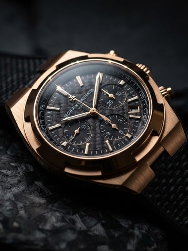 Close-up macro shot of a luxury men's watch, intricate gold bezel glinting with sharp, reflective highlights, emerging from deep shadows, on a textured carbon fiber surface, moody studio lighting.
