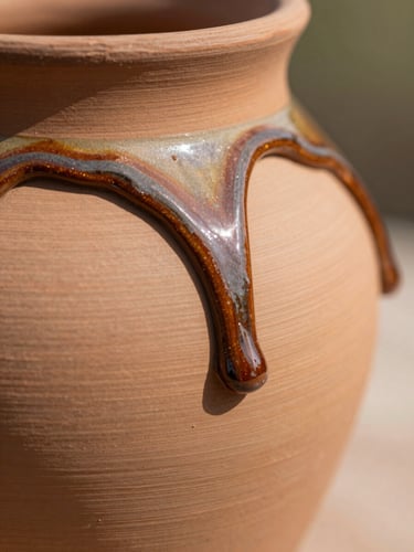Macro close-up of a glossy terracotta glaze drip on a textured clay surface, bright natural sunlight, rich saturated colors, shallow depth of field