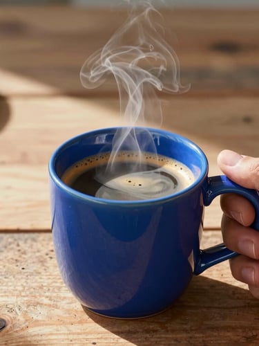Warm editorial photography, a hand holding a vibrant cobalt blue ceramic mug filled with steaming coffee, bright morning sunlight casting long soft shadows on a rustic wooden table, shallow depth of field, 35mm