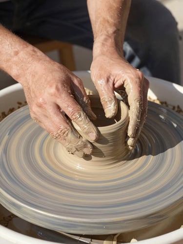 Close-up of artisan hands shaping wet terracotta clay on a spinning potter's wheel, soft water droplets, warm natural light, 35mm