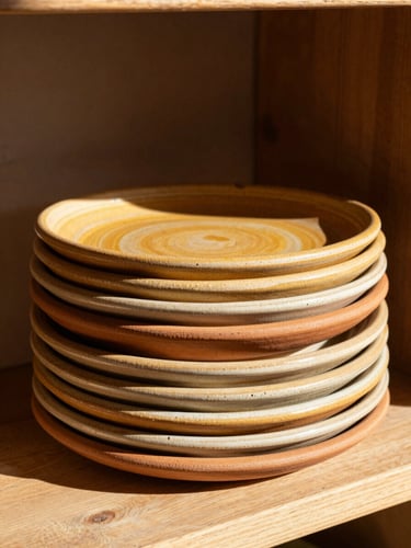 Warm editorial shot of a stack of organic-edged ceramic plates in sunny ochre and terracotta catching soft morning sunlight on a wooden shelf