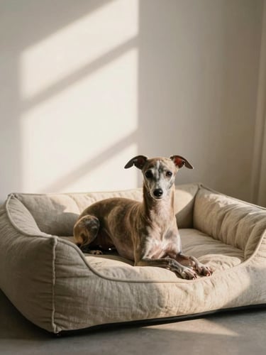 An elegant small Italian Greyhound resting on a soft oatmeal linen dog bed in a sunlit, minimalist living room, warm window shadows, 35mm photography.