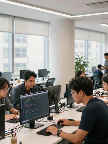 Wide environmental shot of developers collaborating over code in a sunlit New York civic lab, 35mm lens, natural bright daylight.