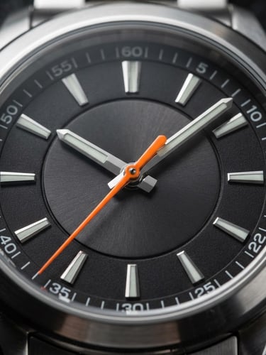 Extreme macro close-up of a watch dial with orange second hand, sharp studio reflections on metallic steel bezel, dark charcoal background, 85mm lens