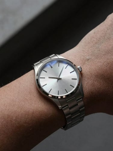 Macro wrist shot of a minimalist steel watch on a collector's wrist, architectural concrete background, moody high-contrast lighting with sharp metallic reflections