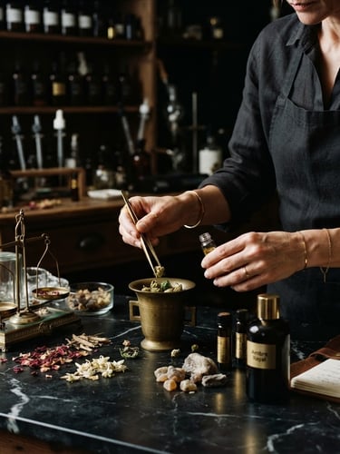 Perfumería de alta gama enfocada, seleccionando botánicos raros en una mesa de mármol negro bajo una luz lateral dramática, composición off-center, manos elegantes.