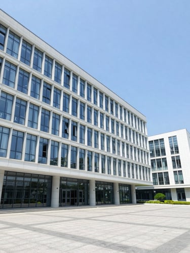 Bright architectural photography of a modern university campus building with glass facade, natural daylight, blue sky, wide angle