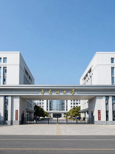 A bright, wide landscape photograph of the iconic Foshan University campus entrance, showcasing modern academic architecture under clear blue skies with clean daylight.