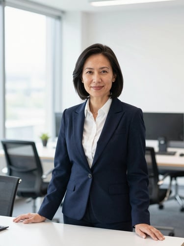 A professional medium-wide portrait of an academic leader in a bright, modern office with soft natural daylight, deep navy and white tones, sharp focus.