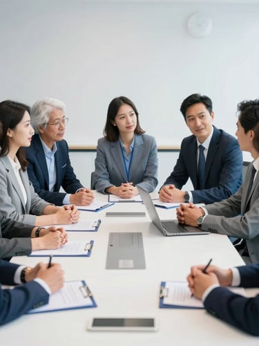 A professional medium-wide shot of diverse alumni engaged in a collaborative discussion around a table in a bright, modern conference room with blue accents.