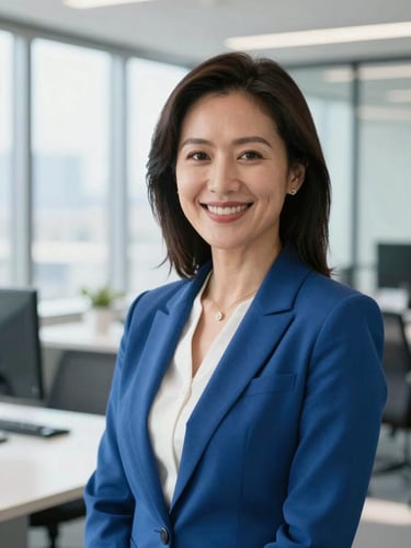 A bright, professional portrait of a smiling female alumnus in a modern office, natural daylight, corporate blue tones, sharp focus