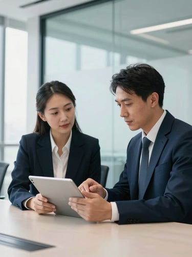 Medium-wide shot of two professionals collaborating over a tablet in a bright, modern glass-walled conference room, natural daylight, professional depth of field.
