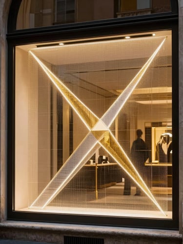 Twilight street view of a luxury Roman boutique on Via Condotti, a transparent micro-mesh LED film active on the glass window displaying sharp abstract golden geometry, stone architecture framing, high-contrast.