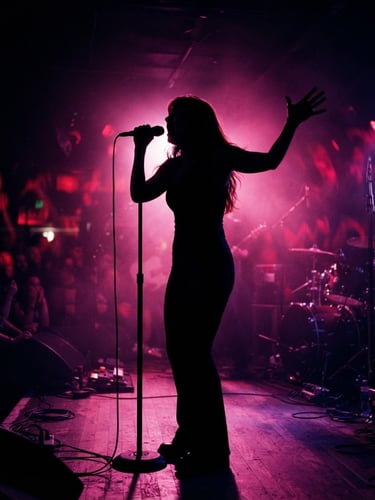 High-contrast silhouette of a female vocalist singing under dramatic magenta stage lighting, deep shadows, 35mm film style.