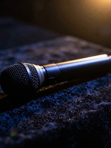 Close-up of a sleek black microphone resting on a velvet surface, dramatic golden-hour light leak, high contrast.