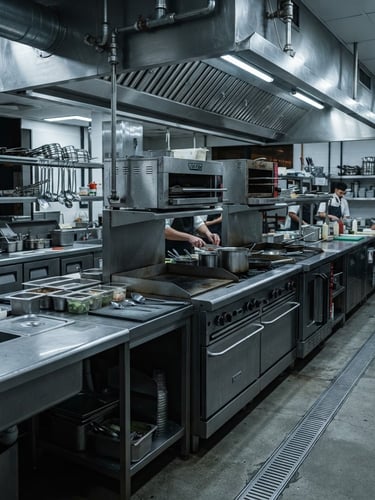 Sharp industrial photography of a heavy-duty stainless steel commercial kitchen line in Doha, cool metallic lighting, high contrast, 50mm