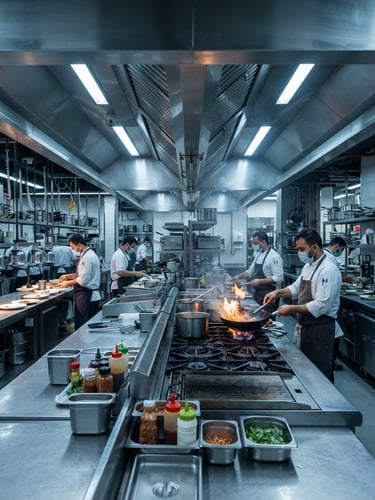 Sharp industrial photography of a massive commercial kitchen line, cool metallic lighting on brushed stainless steel tables and exhaust hoods, Doha restaurant installation, 50mm