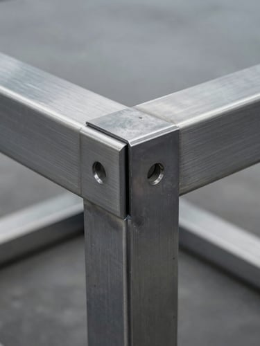Close-up of clean TIG welds on a heavy-gauge stainless steel table frame, cool-toned industrial light, brushed textures, sharp architectural angle