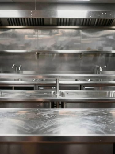 Straight-on architectural elevation of a commercial kitchen prep line, heavy-gauge stainless steel tables, integrated sink units, cool-toned industrial lighting, high contrast
