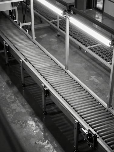 Overhead isometric view of industrial manufacturing floor showing a conveyor alignment system, clinical fluorescent lighting, steel structural grid visible from above, no people, high-contrast monochrome-leaning tones with sharp geometric lines