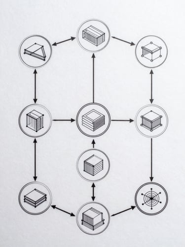 Overhead flat-lay of a data workflow diagram on a matte surface, network nodes and connector lines rendered in precision linework, clinical white light from above, no people, geometric and isometric framing, high contrast