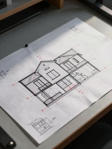 Architectural blueprint detail pinned to a drafting table under clinical north-facing studio light, red markup annotations visible on structural section drawings, no people, sharp geometric lines, high contrast