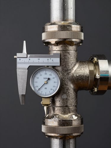 Extreme close-up of industrial pipe junction with calibration gauge under studio-quality clinical daylight, steel fittings and measurement markings sharply resolved against a matte charcoal background, no warm tone, high contrast precision framing