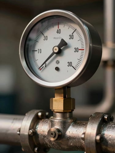 Extreme close-up of a precision analog pressure gauge mounted on an industrial pipe junction, studio clinical north-facing light, high contrast, no warm tones, hairline calibration markings sharply resolved against matte steel casing, structural geometry dominant