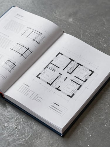 Overhead isometric view of an open structural audit binder on a matte steel-gray surface, precise measurement diagrams and annotated floor plan sheets visible, clinical shadowless daylight from above, architectural linework in focus, no people