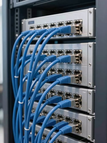 Close-up of a perfectly organized server rack with blue and gray Ethernet cables, clean cable management, bright natural office lighting, 35mm photography