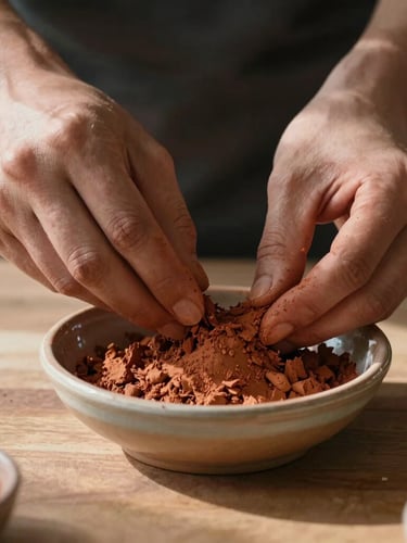 Macro shot of hands mixing natural terracotta pigments in a small ceramic dish, soft morning light casting long gentle shadows across a wooden table.