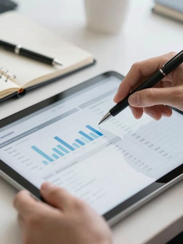 Close-up of hands analyzing a clean financial report on a tablet, with a pen and notebook nearby, crisp corporate daylight, sharp focus, architectural depth of field.