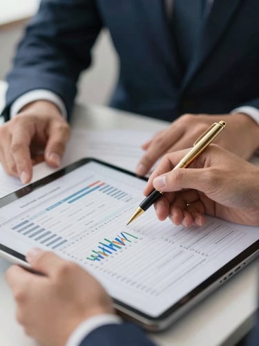 Close-up of hands analyzing a complex financial report on a tablet, crisp corporate daylight, gold pen resting on the report, architectural depth of field.