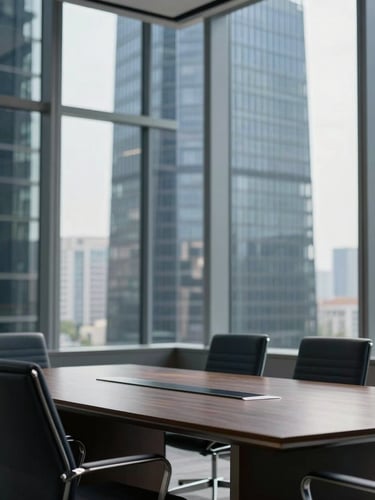 Wide shot of a modern, high-rise corporate boardroom with a large conference table, crisp corporate photography, bright natural office light, deep navy and charcoal tones, sharp focus, architectural depth of field.