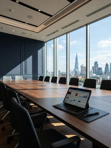 Wide architectural shot of a modern financial district boardroom, crisp corporate daylight, sharp shadows, focusing on a polished conference table with a tablet and pen, generous negative space on the left.