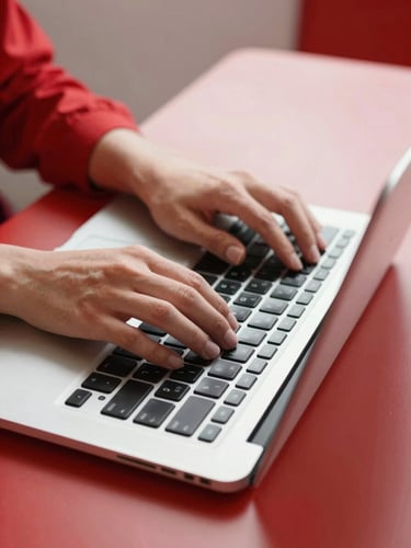 Close up of hands typing on a modern laptop in a bright, high-contrast workspace with clean red accents, sharp focus, editorial style.