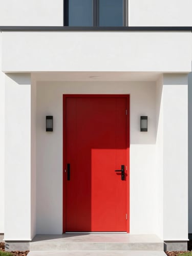 Sharp, eye-level modern home exterior in bright daylight, high contrast crimson door accent, clean architectural lines, minimal clutter.