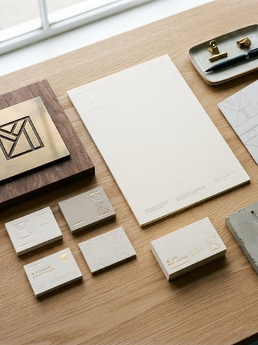 Clean flat-lay of brand collateral including business cards, letterhead, and a physical signage mockup, all in natural daylight, architectural framing, sharp focus, 35mm.