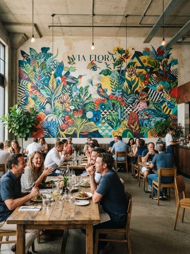 Wide-angle environmental shot of a vibrant, large-scale commercial mural in a modern restaurant interior, natural daylight, architectural framing, sharp focus, 35mm, customers enjoying the space.