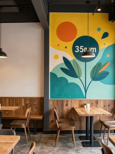 Before-and-after composite image of a cafe interior: one side shows a generic, unbranded space, the other side shows the same space with a newly installed custom mural and cohesive branding elements, natural daylight, architectural framing, sharp focus, 35mm.